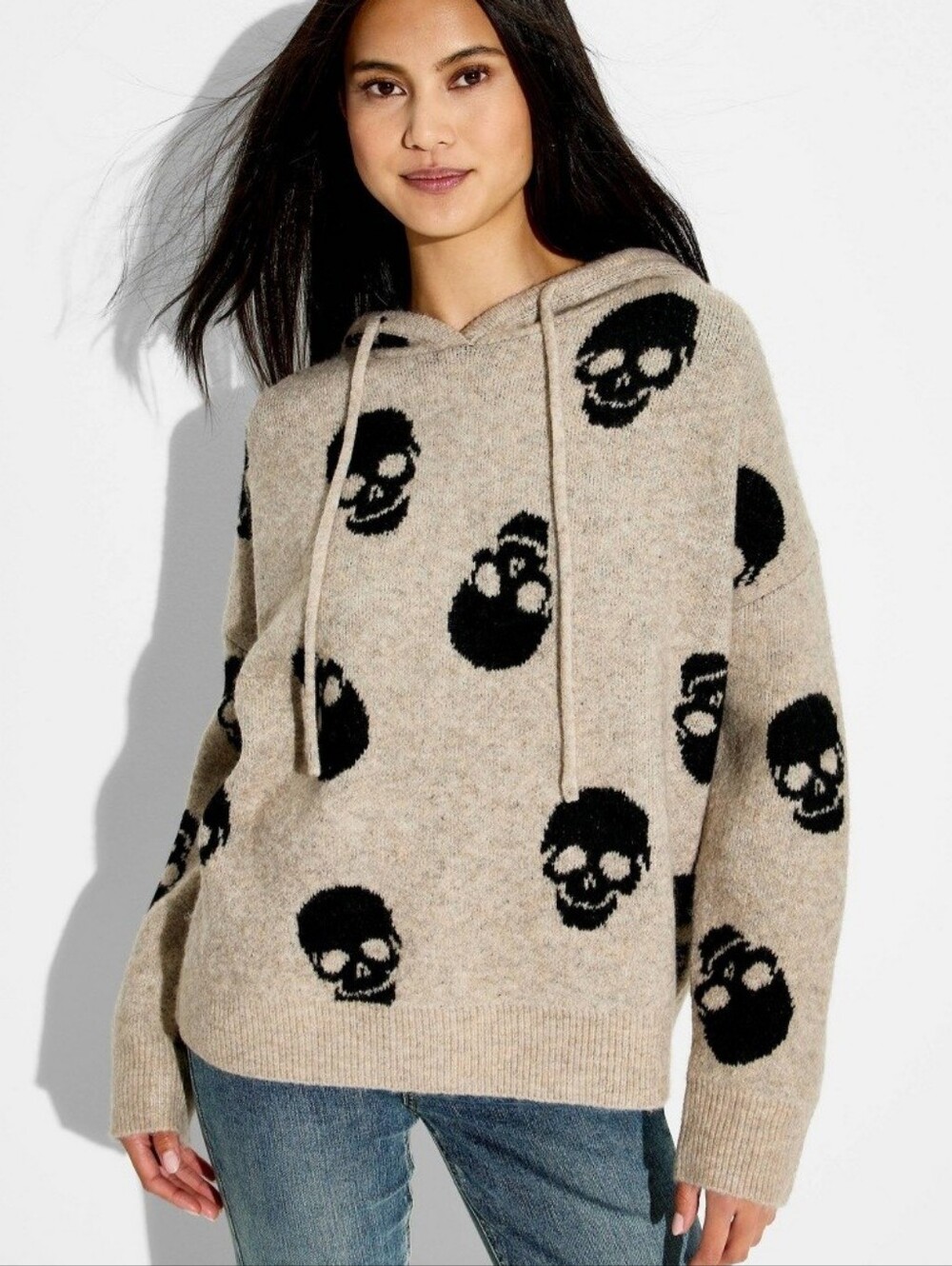 Women's Skulls Hooded Graphic Pullover Sweater - Beige M